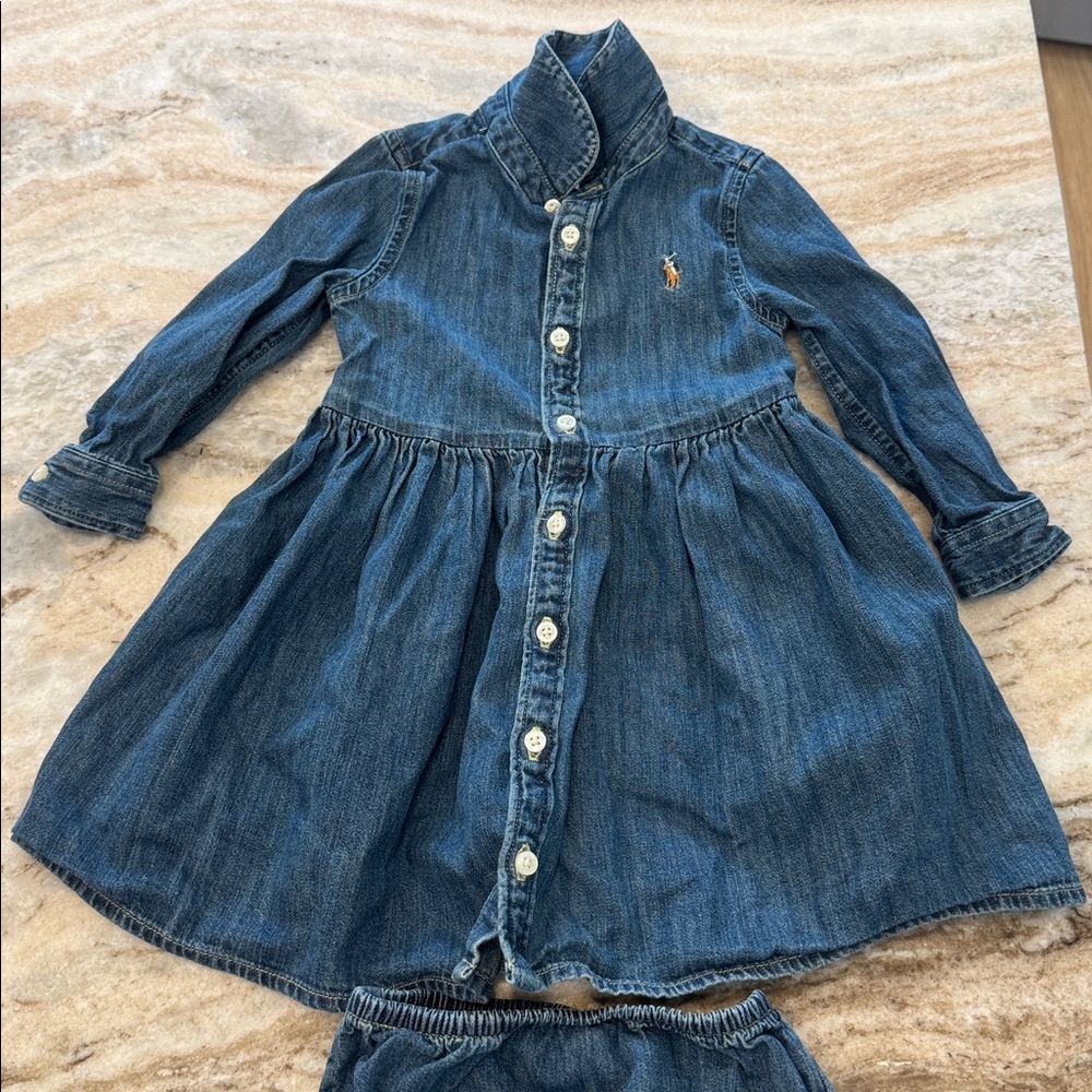 Ralph Lauren Girls' Long Sleeve Denim Dress & Bloomers Set - size 12M